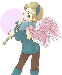 Rule 34 | 1girl, angel wings, ass, backless outfit, blonde hair, blue dress, blue eyes, blue footwear, blue hairband, boots, breath of fire, contrapposto, dress, feathered wings, hairband, looking at viewer, nina (breath of fire iv), open mouth, pantyhose, short hair, sicky (pit-bull), simple background, solo, staff, very short hair, white background, white wings, wings