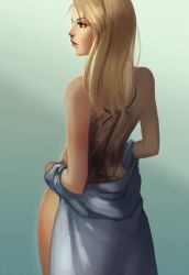 Rule 34 | 1girl, 3four, back, back tattoo, blonde hair, brown eyes, from behind, fullmetal alchemist, hair down, lips, lipstick, long hair, makeup, naked shirt, nose, riza hawkeye, shirt, solo, tattoo, undressing