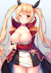 Rule 34 | 1girl, azur lane, blonde hair, breasts, cleavage, collarbone, commentary request, dress, epaulettes, frown, hair ribbon, large breasts, long hair, nelson (azur lane), one eye closed, orange eyes, pensuke, red eyes, ribbon, short dress, twintails, very long hair