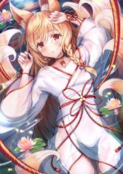 Rule 34 | 1girl, animal ear fluff, animal ears, blonde hair, blush, braid, breasts, collar, collarbone, commentary request, flower, flower on liquid, fox ears, fox girl, fox tail, hair between eyes, highres, japanese clothes, kimono, lily (flower), lily pad, long hair, long sleeves, looking at viewer, lying, multiple tails, on back, open mouth, orange eyes, original, partially submerged, sakura ani, single braid, small breasts, tail, water, white kimono