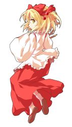 Rule 34 | 1girl, alphes (style), blonde hair, bow, commentary request, dairi, erhu, frills, from behind, full body, hair bow, hair ornament, instrument, long skirt, long sleeves, looking at viewer, looking back, medium hair, parody, red bow, red skirt, sandals, satsuki rin, shirt, skirt, smile, socks, solo, style parody, tachi-e, touhou, transparent background, white shirt, wide sleeves, yellow eyes