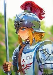 Rule 34 | absurdres, armor, blonde hair, blue eyes, blurry, blurry background, brown gloves, earrings, fingerless gloves, from side, gloves, helm, helmet, highres, holding, holding sword, holding weapon, jewelry, link, medium hair, nintendo, outdoors, parted lips, shoulder armor, soldier&#039;s set (zelda), solo, sword, teeth, the legend of zelda, the legend of zelda: breath of the wild, upper body, weapon, zzom b