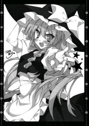 Rule 34 | 1girl, :d, braid, female focus, greyscale, hand on headwear, hat, highres, kirisame marisa, korie riko, long hair, looking at viewer, monochrome, open mouth, pointing, pointing at viewer, scan, smile, solo, star (symbol), touhou, witch, witch hat
