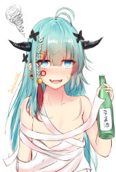Rule 34 | 1girl, :d, antenna hair, aqua hair, bandages, black bow, blue eyes, blush, bottle, bow, braid, dragon horns, endsmall min, facial mark, fang, fingernails, hair between eyes, hair bow, hair ornament, hairclip, hand up, holding, holding bottle, horns, long hair, multicolored hair, nose blush, open mouth, original, red hair, side braid, signature, simple background, single braid, smile, solo, squiggle, streaked hair, sweat, tank top, upper body, very long hair, white background, white tank top