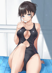 Rule 34 | 1girl, arm support, bare arms, bare shoulders, black one-piece swimsuit, blue eyes, blush, breasts, brown hair, closed mouth, clothing cutout, commentary request, competition swimsuit, day, groin, hair bun, hand up, highleg, highleg swimsuit, highres, indoors, knee up, large breasts, looking at viewer, navel cutout, one-piece swimsuit, original, sidelocks, sitting, smile, solo, sunlight, swimsuit, thighs, wet, wing (aiastor)