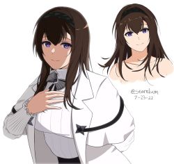 Rule 34 | 1girl, arknights, black hairband, breasts, brown hair, closed mouth, coat, grey ribbon, hair ornament, hairband, hand on own chest, highres, large breasts, long hair, long sleeves, looking at viewer, priestess (arknights), purple eyes, ribbon, simple background, smile, star ornament, starelium, sweater, turtleneck, turtleneck sweater, upper body, white background, white coat