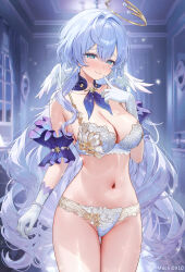 1girl aqua_eyes bare_shoulders blue_hair blush bra breasts cleavage closed_mouth collar commentary_request cowboy_shot detached_collar detached_sleeves earrings finger_to_face gloves hair_between_eyes halo hand_up head_wings highres honkai:_star_rail honkai_(series) index_finger_raised indoors jewel_under_eye jewelry large_breasts long_hair looking_at_viewer machi_(machi0910) navel panties purple_collar purple_sleeves robin_(honkai:_star_rail) short_sleeves smile solo stomach twitter_username underwear underwear_only very_long_hair white_bra white_gloves white_panties wings