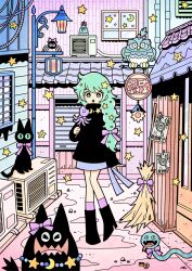 Rule 34 | &gt; &lt;, 1girl, air conditioner, alley, bead necklace, beads, bird, black cat, black footwear, black shirt, boots, bow, braid, broom, broom ribbon, building, cat, dot nose, food, food art, food bite, garouma, green eyes, green hair, hair bow, hair over shoulder, high collar, highres, holding, holding food, jewelry, lamp, lamppost, long sleeves, looking at viewer, magnifying glass, necklace, original, owl, pink bow, pink socks, poster (object), print skirt, purple skirt, shirt, side braid, sign, skirt, snake, socks, standing, star (sky), star (symbol), tako-san wiener