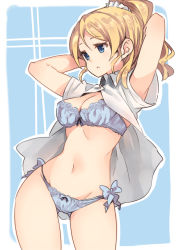 Rule 34 | 10s, 1girl, arms up, ayase eli, blue bra, blue eyes, blue panties, bow, bow panties, bra, breasts, cleavage, collared shirt, cowboy shot, groin, hair ornament, hair scrunchie, hip focus, long hair, looking to the side, love live!, love live! school idol festival, love live! school idol project, medium breasts, navel, open clothes, open shirt, panties, parsley-f, parted lips, ponytail, scrunchie, shirt, short sleeves, solo, thighs, underwear, wavy hair, white shirt