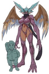 Rule 34 | 1boy, 1girl, alternate breast size, armor, breasts, claws, curvy, digimon, digimon frontier, gerusyu, green eyes, harpy, head wings, highres, large breasts, mask, monster girl, mouth mask, revealing clothes, shibayama junpei, shiny clothes, shiny skin, short hair, shutumon, simple background, size difference, smile, thighs, thong, white background, wide hips, wings