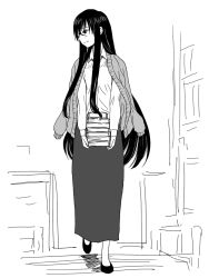 Rule 34 | 1girl, black hair, book, collared shirt, full body, glasses, greyscale, himawari-san, himawari-san (character), long hair, long skirt, monochrome, sakaki imasato, shirt, skirt, smile, solo, sweater, very long hair