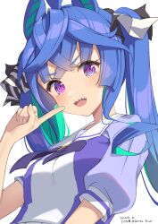 Rule 34 | 1girl, :d, animal ears, blue bow, blue hair, blue shirt, blush, bow, breasts, commentary request, hand up, highres, hirota fruit, horse ears, long hair, looking at viewer, open mouth, puffy short sleeves, puffy sleeves, purple eyes, ringed eyes, sharp teeth, shirt, short sleeves, signature, simple background, small breasts, smile, solo, teeth, twin turbo (umamusume), twintails, twitter username, umamusume, upper body, white background