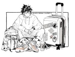 Rule 34 | 1boy, backpack, bag, camping chair, copyright name, cup, disposable cup, earbuds charging case, english text, eyeshield 21, full body, greyscale, highres, hood, hoodie, kobayakawa sena, long sleeves, male focus, monochrome, rolling suitcase, shoes, short hair, sitting, smartjoy, sneakers, solo, spiked hair, spot color, starbucks, sticker, suitcase, ueda-pix, watch, wristwatch