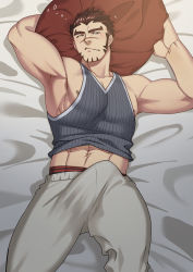 Rule 34 | 1boy, abs, akashi (live a hero), armpits, bara, bulge, casual, erection, erection under clothes, feet out of frame, grey tank top, highres, live a hero, long sideburns, lying, male focus, male underwear, male underwear peek, midriff peek, muscular, muscular male, navel, nipple slip, nipples, on back, on bed, paid reward available, pectorals, red male underwear, scar, scar on face, scar on nose, shirt, short hair, sideburns, sidepec, solo, stomach, striped clothes, striped shirt, tank top, thick thighs, thighs, underwear, waking up, yoshinaga haru