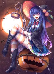 Rule 34 | 1girl, :d, ^ ^, adapted costume, backlighting, bad id, bad pixiv id, basket, bat (animal), black footwear, black hat, blue hair, blue skirt, blush, boots, bow, bowtie, closed eyes, cross-laced footwear, crossed legs, facing viewer, food, frilled skirt, frills, fruit, full moon, hat, high-waist skirt, highres, hinanawi tenshi, holding, holding staff, jack-o&#039;-lantern, knee boots, lace-up boots, leaf, long hair, long sleeves, maru daizu (aqua6233), moon, open mouth, orange thighhighs, peach, pink hair, pumpkin, pumpking, rainbow order, red bow, red bowtie, sidelocks, sitting, skirt, smile, solo, staff, star (symbol), striped clothes, striped thighhighs, thighhighs, thighhighs under boots, touhou, very long hair, wide sleeves, witch hat, zettai ryouiki