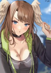 Rule 34 | 1girl, artist name, asymmetrical bangs, black bodysuit, black choker, black jacket, blue eyes, blue sky, blurry, blurry background, blush, bodysuit, breasts, brown hair, chest tattoo, choker, collarbone, dated, eunie (xenoblade), feathered wings, green hood, green jacket, hand up, head wings, highres, hood, hood down, jacket, large breasts, long hair, long sleeves, looking at viewer, multicolored clothes, multicolored jacket, open clothes, open jacket, parted lips, sky, solo, tattoo, two-tone jacket, upper body, white wings, wings, xenoblade chronicles (series), xenoblade chronicles 3, yamamori kinako