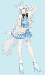 Rule 34 | 1girl, absurdres, animal ears, black bow, black bowtie, blouse, blue background, blue eyes, blue footwear, blue nails, blue skirt, bow, bowtie, cat ears, cat girl, cat tail, collared shirt, commentary request, ear piercing, eyes visible through hair, frilled socks, frills, high heels, highres, leg ribbon, long sleeves, looking at viewer, mege (megechan), nail polish, original, parted lips, piercing, pleated skirt, ribbon, shirt, simple background, skirt, socks, solo, tail, thigh ribbon, white shirt, white socks