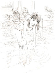 Rule 34 | 1girl, fish, full body, monochrome, one-piece swimsuit, original, plant, school swimsuit, sketch, solo, standing, swimsuit, traditional media, wading, yoshitomi akihito