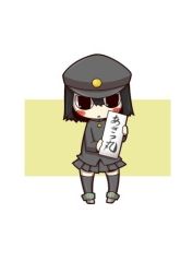 Rule 34 | 10s, 1girl, :x, akitsu maru (kancolle), black eyes, black hair, blush, blush stickers, calligraphy, chibi, hat, kantai collection, looking at viewer, lowres, military, military uniform, outside border, pleated skirt, short hair, skirt, solo, standing, thighhighs, uniform, zannen na hito