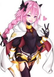 Rule 34 | 1boy, astolfo (fate), black bow, bow, braid, cape, emokakimasu, fang, fate/apocrypha, fate/grand order, fate (series), garter straps, hair intakes, hair ribbon, highres, lance, looking at viewer, male focus, multicolored hair, open mouth, pink hair, polearm, purple eyes, ribbon, single braid, streaked hair, sword, trap, v, weapon