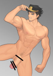 Rule 34 | 1boy, abs, absurdres, bara, black hair, blue eyes, flaccid, hat, highres, hunterkay, jojo no kimyou na bouken, kuujou joutarou, large pectorals, looking at viewer, male focus, muscular, nipples, nude, pectorals, penis, solo, testicles, thick thighs, thighs