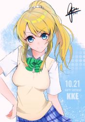 Rule 34 | 1girl, artist request, ayase eli, black socks, blonde hair, blue eyes, blue skirt, blush, bow, bowtie, button, collared shirt, cpear, earrings, female focus, green bow, green bowtie, hair bow, hand on own hip, highres, jewelry, loafers, long hair, looking at viewer, love live!, love live! school idol project, neckwear request, otonokizaka school uniform, pleated skirt, ponytail, school uniform, scrunchie, shirt, shoes, short hair, short sleeves, skirt, smile, socks, solo, striped bow, striped bowtie, striped clothes, sweater vest, vest, white scrunchie