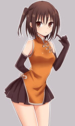 Rule 34 | 10s, 1girl, adapted costume, arm behind back, blouse, blush, brown eyes, brown hair, china dress, chinese clothes, dress, elbow gloves, gloves, ica, kantai collection, lolita fashion, looking at viewer, miniskirt, orange shirt, personification, qi lolita, sendai (kancolle), shirt, short hair, skirt, sleeveless, sleeveless shirt, solo, twintails, two side up