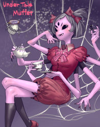 Rule 34 | arthropod girl, black eyes, black hair, black legwear, black nails, bow, bug, colored skin, cup, doughnut, extra arms, extra eyes, fangs, food, hair bow, highres, holding, holding cup, insect girl, muffet, nail polish, puffy short sleeves, puffy sleeves, purple skin, saucer, short hair, short sleeves, short twintails, silk, sitting, solo, spider, spider girl, spider web, teapot, thinker 0616, twintails, undertale