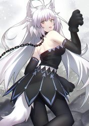 Rule 34 | 1girl, ahoge, animal ears, animal hands, atalanta (fate), atalanta alter (fate), atalanta alter (first ascension) (fate), chain, collar, detached sleeves, dress, fate/grand order, fate (series), from behind, gloves, green eyes, highres, long hair, pantyhose, paw gloves, shigure s, slit pupils, solo, tail, tongue, tongue out, white hair