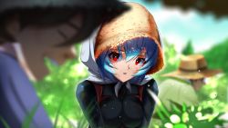 Rule 34 | 1girl, absurdres, ayanami rei, blue hair, blurry, blush, botttomtext, breasts, brown hair, cowboy shot, depth of field, evangelion: 3.0+1.0 thrice upon a time, hat, highres, looking at another, medium breasts, neon genesis evangelion, parted lips, plugsuit, rebuild of evangelion, red eyes, shirt, short hair, smile, solo focus, squatting, straw hat, teeth, upper body, upper teeth only, v arms, white shirt