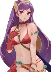 Rule 34 | 1girl, annoyed, armlet, athena (series), bikini, bracelet, breasts, closed mouth, commentary, hairband, hand on own chest, highres, jewelry, long hair, looking at viewer, medium breasts, navel, oni gini, princess athena, purple eyes, purple hair, red bikini, snk, solo, swimsuit, sword, symbol-only commentary, weapon, white background
