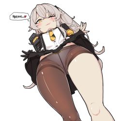 Rule 34 | 1girl, armband, asymmetrical legwear, black jacket, blush, bori (3910234), bow, bow panties, buttons, clothes lift, extended upskirt, from behind, girls&#039; frontline, heart, highres, jacket, korean text, legs, lifted by self, light brown hair, long hair, mechanical arms, mod3 (girls&#039; frontline), necktie, one eye closed, one side up, open clothes, open jacket, panties, panties under pantyhose, pantyhose, pantyshot, scar, scar across eye, scar on face, shirt, single mechanical arm, skirt, skirt lift, smile, solo, speech bubble, spoken heart, sweatdrop, thighband pantyhose, thighs, translation request, ump45 (girls&#039; frontline), ump45 (mod3) (girls&#039; frontline), underwear, uneven legwear, upskirt, white background, white panties, white shirt, yellow eyes, yellow necktie