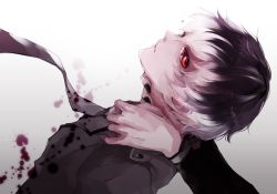 Rule 34 | 10s, 1boy, black hair, black sclera, coat, colored sclera, looking at viewer, male focus, multicolored hair, necktie, red eyes, sasaki haise, short hair, solo, tears, tokyo ghoul, tokyo ghoul:re, trench coat, white hair