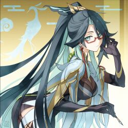 Rule 34 | 1girl, apollo hotori, bent over, between breasts, bird, black hair, blue eyes, blue hair, bodysuit, breasts, clothing cutout, cloud retainer (genshin impact), commentary request, crane (animal), dated, earrings, genshin impact, glasses, hair between eyes, hair ornament, holding, holding paintbrush, jewelry, large breasts, long hair, looking at viewer, multicolored hair, paintbrush, ponytail, signature, single earring, solo, tassel, tassel earrings, very long hair, xianyun (genshin impact)