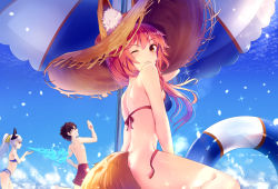 Rule 34 | 1boy, 1girl, 2girls, animal ears, beach, bikini, black hair, blue bikini, blush, clenched teeth, commentary request, day, ears through headwear, fate/grand order, fate (series), fire, fox ears, fox tail, from side, fujimaru ritsuka (male), hat, horns, innertube, kiyohime (fate), kiyohime (swimsuit lancer) (third ascension) (fate), long hair, looking at viewer, md5 mismatch, multiple girls, one eye closed, outdoors, parted lips, pink hair, ponytail, resolution mismatch, revision, running, shorts, smile, source larger, sparkle, straw hat, sun hat, swim ring, swimsuit, tail, tamamo (fate), tamamo no mae (fate/extra), tamamo no mae (swimsuit lancer) (fate), teeth, thighs, umbrella, untied bikini, white hair, yan (nicknikg), yellow eyes