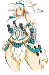 Rule 34 | armor, bairoth, bare shoulders, barioth (armor), belt, breasts, capcom, curvy, huge breasts, loincloth, long hair, monster hunter, monster hunter (series), monster hunter 3, monster hunter portable 3rd, groin, navel, pink eyes, pointy ears, simple background, solo, standing, white hair, wide hips, zeon (pixiv722928)