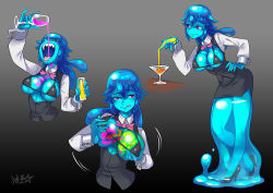 Rule 34 | 1girl, alcohol, bartender, bikini, bikini top only, blue hair, grabbing another&#039;s breast, breast hold, breasts, cleavage, drink, female focus, full body, grabbing, hand on own hip, high heels, legs, licking lips, looking at viewer, medium hair, monster girl, open mouth, red eyes, ryuusei (mark ii), sharp teeth, skirt, slime girl, solo, swimsuit, teeth, tongue, tongue out