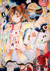 Rule 34 | 1girl, blueberry, book, bread, brown eyes, brown hair, choker, circle, cookie, cowboy shot, cupcake, curtains, food, frilled skirt, frills, fruit, heart, highres, holding, holding pencil, jacket, jewelry, long sleeves, marker (medium), marshmallow, melon bread, necklace, open book, original, parted lips, pencil, print jacket, print shirt, print skirt, raspberry, red choker, shirt, skirt, smile, solo, strawberry, traditional media, triangle, user ndjc2237, white paint