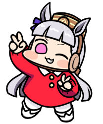 Rule 34 | 1girl, animal ears, blunt bangs, blunt ends, blush stickers, bow, brown headwear, chibi, commentary, derivative work, double v, ear bow, full body, gold ship (umamusume), grey hair, grin, headgear, horse ears, horse girl, jazz jack, kindergarten uniform, long hair, long sleeves, official alternate costume, one eye closed, pink eyes, purple bow, smile, smock, solo, umamusume, umamusume: peace peace cepea cepea golshi-chan, v, wide face