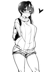Rule 34 | 1girl, alternate costume, backpack, bad id, bad twitter id, bag, bandaid, commentary request, cowboy shot, denim, denim shorts, greyscale, halftone, highres, kaga (kancolle), kantai collection, looking at viewer, midou midori, monochrome, ribbed sweater, short hair, short shorts, shorts, side ponytail, smile, solo, sweater