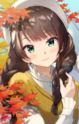Rule 34 | 1girl, beret, blue gemstone, blush, braid, dot nose, earrings, fingernails, french braid, gem, green eyes, hair tie, hat, highres, holding, holding hair, hololive, jewelry, leaf, long hair, long sleeves, looking at viewer, maple leaf, maple tree, nail polish, necklace, oozora subaru, orange nails, shadow, shell, shell necklace, shirt, silver necklace, smile, solo, sweater vest, taachika, tree, twin braids, virtual youtuber, white shirt, yellow sweater vest