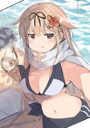 Rule 34 | 1girl, :q, absurdres, bare shoulders, bikini, bikini top only, blonde hair, breasts, cleavage, dyson (edaokunnsaikouya), flower, food, hair flaps, hair flower, hair ornament, hair ribbon, highres, holding, holding food, ice cream, kantai collection, long hair, looking at viewer, medium breasts, navel, red eyes, ribbon, sarong, scarf, selfie, sidelocks, solo, sparkle, stomach, swimsuit, table, tongue, tongue out, white scarf, yuudachi (kancolle), yuudachi kai ni (kancolle)