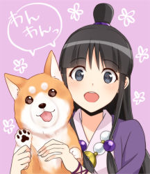 Rule 34 | 1girl, maya fey, black hair, blush, dog, ace attorney, hair bobbles, hair ornament, half updo, japanese clothes, jewelry, kimono, kisaragi ichigo, long hair, looking at viewer, magatama, missile (ace attorney), necklace, open mouth, upper body
