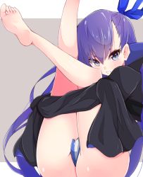 Rule 34 | 10s, 1girl, ass, bare legs, barefoot, blue eyes, blue ribbon, crotch plate, enelis, fate/extra, fate/extra ccc, fate (series), hair ribbon, long hair, long sleeves, meltryllis (fate), purple hair, revealing clothes, ribbon, sleeves past wrists, solo, very long hair