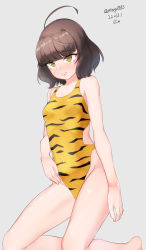 Rule 34 | 1girl, absurdres, ahoge, animal print, blunt bangs, breasts, brown eyes, brown hair, competition swimsuit, cowboy shot, dated, grey background, highres, kantai collection, kishinami (kancolle), maru (marg0613), one-piece swimsuit, short hair, simple background, small breasts, solo, swimsuit, tiger print, twitter username, wavy hair