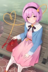 Rule 34 | 1girl, adapted costume, bench, black hairband, blue vest, closed mouth, commission, dress, from above, grass, hairband, heart, heart of string, highres, kanpa (campagne 9), komeiji satori, looking at viewer, outdoors, pink dress, pink eyes, pink hair, red bag, red footwear, short hair, sitting, skeb commission, smile, solo, third eye, touhou, vest, white legwear