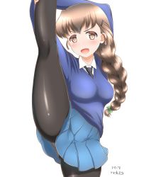 Rule 34 | 1girl, absurdres, black pantyhose, blush, braid, braided ponytail, breasts, brown eyes, brown hair, girls und panzer, highres, io-catalyst, large breasts, long hair, looking at viewer, open mouth, panties, panties under pantyhose, pantyhose, ponytail, rukuriri (girls und panzer), school uniform, simple background, smile, solo, split, st. gloriana&#039;s school uniform, standing, standing on one leg, standing split, underwear, white background, white panties