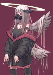 Rule 34 | 1girl, absurdres, angel, angel wings, double middle finger, gas mask, halo, highres, horns, jacket, long hair, looking at viewer, mask, middle finger, mnetyara, multiple wings, nail polish, off shoulder, original, red eyes, solo, tank top, thighhighs, very long hair, white hair, wings