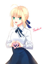Rule 34 | 1girl, ahoge, artoria pendragon (all), artoria pendragon (fate), blonde hair, braid, fate/stay night, fate (series), female focus, green eyes, heart, heart hands, karinzero, looking at viewer, open mouth, saber (fate), sidelocks, simple background, solo, standing, white background