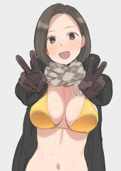 Rule 34 | 1girl, :d, bad id, bad twitter id, bikini, bikini top only, black coat, breasts, brown eyes, brown gloves, brown hair, brown scarf, checkered clothes, checkered scarf, cleavage, coat, double v, gloves, happy, inactive account, large breasts, light brown scarf, looking at viewer, navel, nora higuma, open mouth, original, scarf, short hair, smile, solo, stomach, swimsuit, upper body, v, yellow bikini